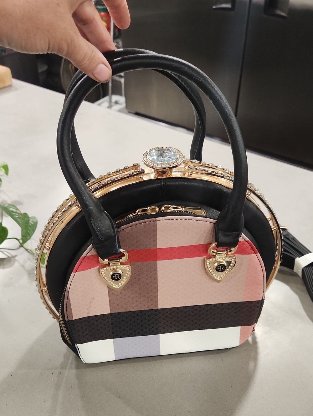 Stylish Check Plaid Dome Satchel Handbag - Black & Pink - New